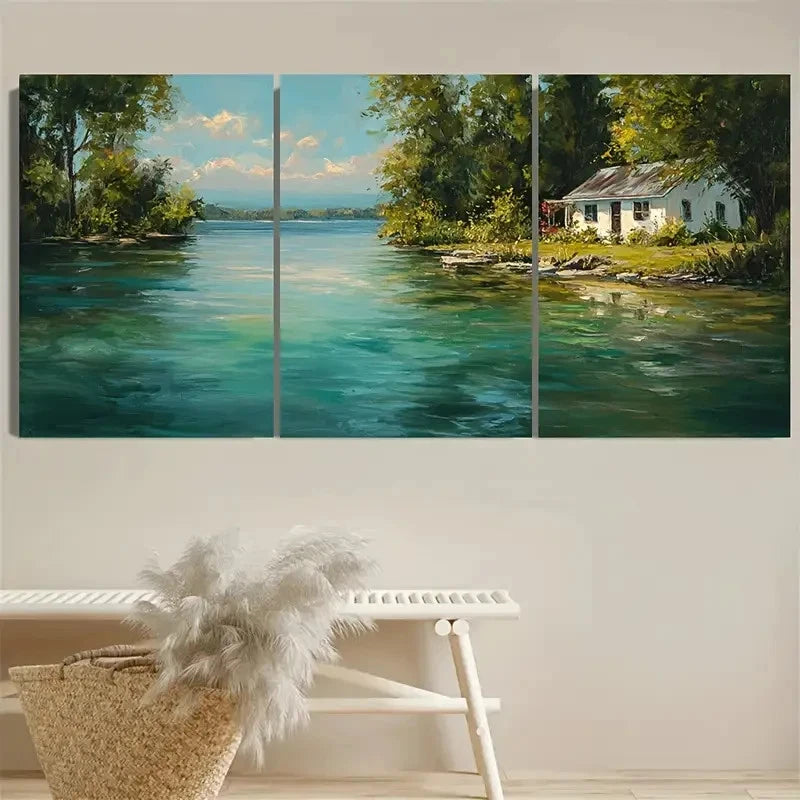3pcs Serene Lake View with White House and Lush Wall Art Set Canvas Framed 50x70cm - High Quality Print 100% Australian Made Wall Canvas Ready to Hang