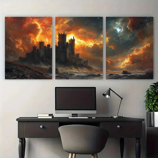 3pcs Medieval Fantasy Landscape with Gothic Castle Wall Art Set Canvas Framed 40x60cm - High Quality Print 100% Australian Made Wall Canvas Ready to Hang