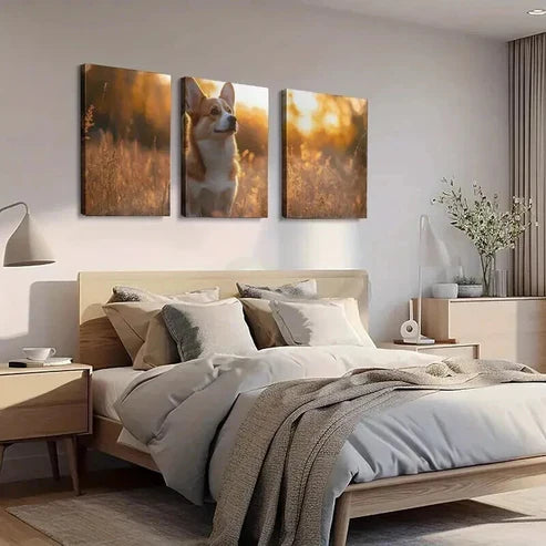3pcs Corgi Dog in Tall Grass Decoration Wall Art Canvas Unframed - High Quality Print 100% Australian Made Wall Canvas - Bella Home Decor