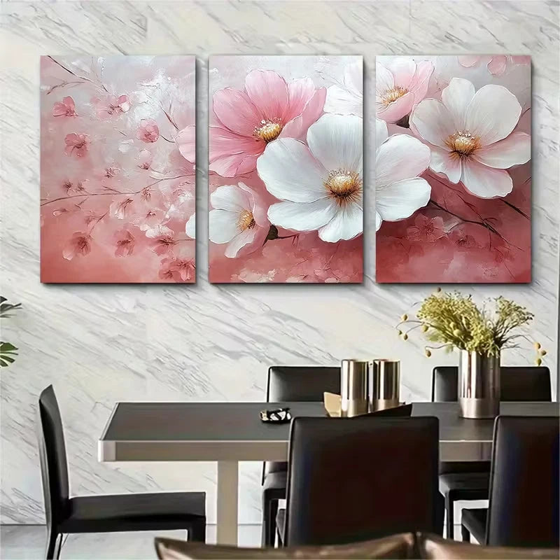 3pcs Elegant Pink and White Floral Metal Print Ready to Hang Art