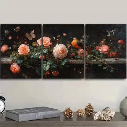 3pcs Roses Thistles and Birds Decoration Wall Art Set Canvas Unframed - High Quality Print 100% Australian Made Wall Canvas