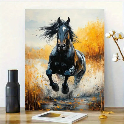 Black Horse In Motion Vibrant Brushstrokes Painting 40x60cm Metal Print Ready to Hang