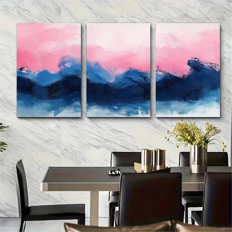 3pcs Abstract Pink Blue Textured Brush Stroke Metal Print Ready to Hang Art