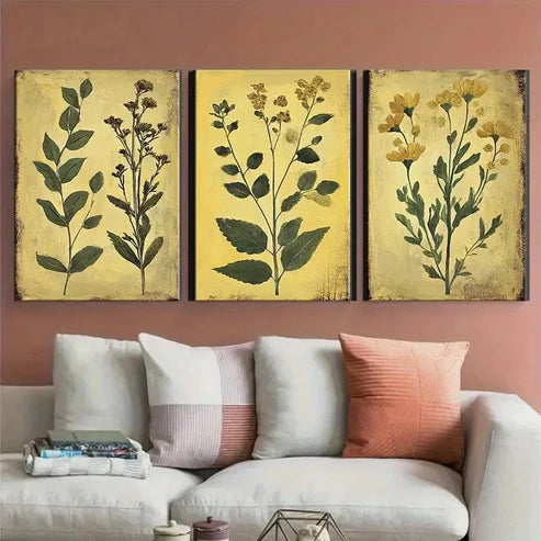 3pcs Les fleurs Abstract Vintage Botanical Wall Art Canvas Unframed - High Quality Print 100% Australian Made Wall Canvas