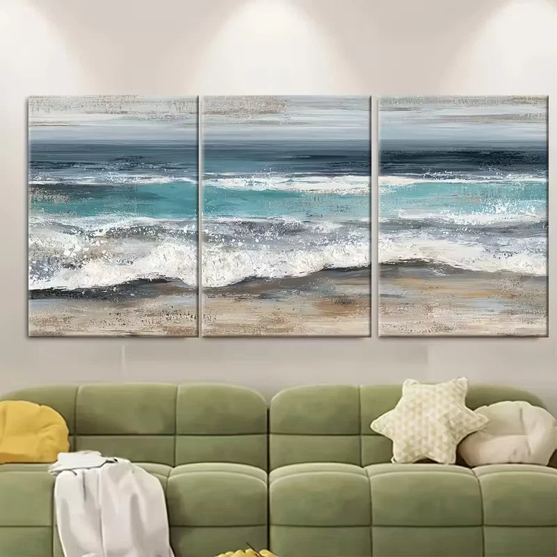 3pcs Blue & Golden Neutral Nautical Sea View Metal Print Ready to Hang Art - Bella Home Decor
