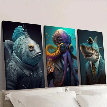 3pcs Oceanic Octopus Dolphin Fish in Suits Wall Art Canvas Unframed - High Quality Print 100% Australian Made Wall Canvas
