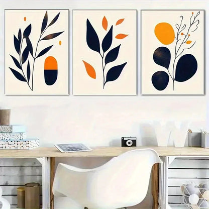 3pcs Deep Blue and Orange Plant Shapes Metal Print Ready to Hang Art - Bella Home Decor