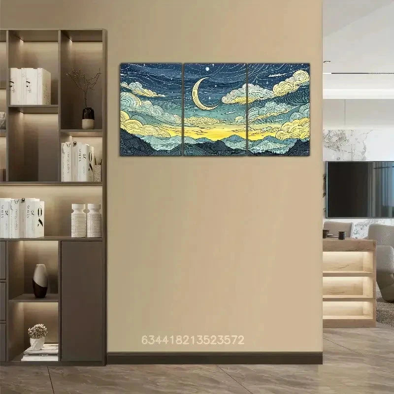 3pcs Dreamy Mountain And Moon Paintings Metal Print Ready to Hang Art - Bella Home Decor