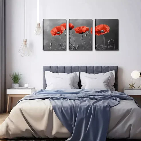 3pcs Blooming Red Flowers, Wall Art Set Wall Art Canvas Unframed - High Quality Print 100% Australian Made Wall Canvas - Bella Home Decor