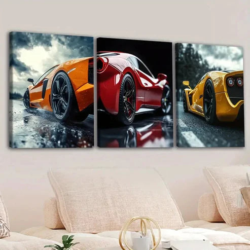3pcs Fashion Sport Car Tree Racing Car Gold Red Wall Art Set Canvas Unframed - High Quality Print 100% Australian Made Wall Canvas