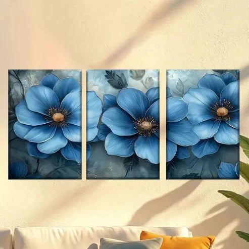3pcs Blue Flowers Wallpapers Wall Art Canvas Unframed - High Quality Print 100% Australian Made Wall Canvas