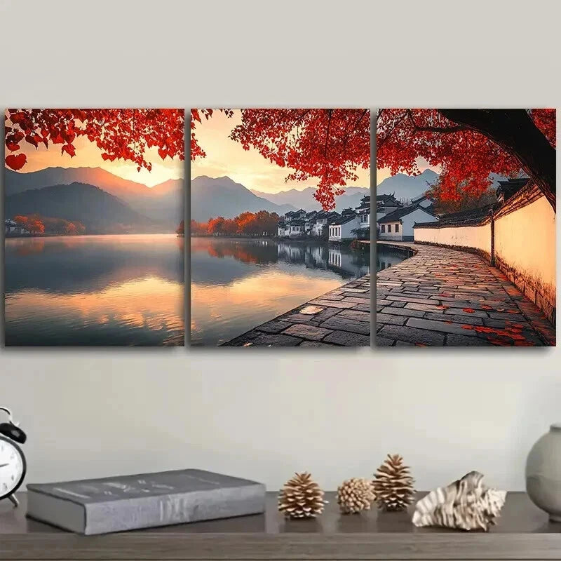 3pcs Jiangnan, ancient town With Trees Wall Art Set Canvas Framed 50x70cm - High Quality Print 100% Australian Made Wall Canvas Ready to Hang
