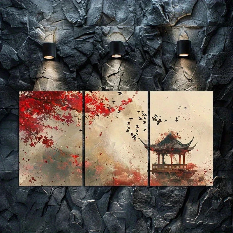 3pcs Chinese Landscape Painting Illustration Metal Print Ready to Hang Art - Bella Home Decor