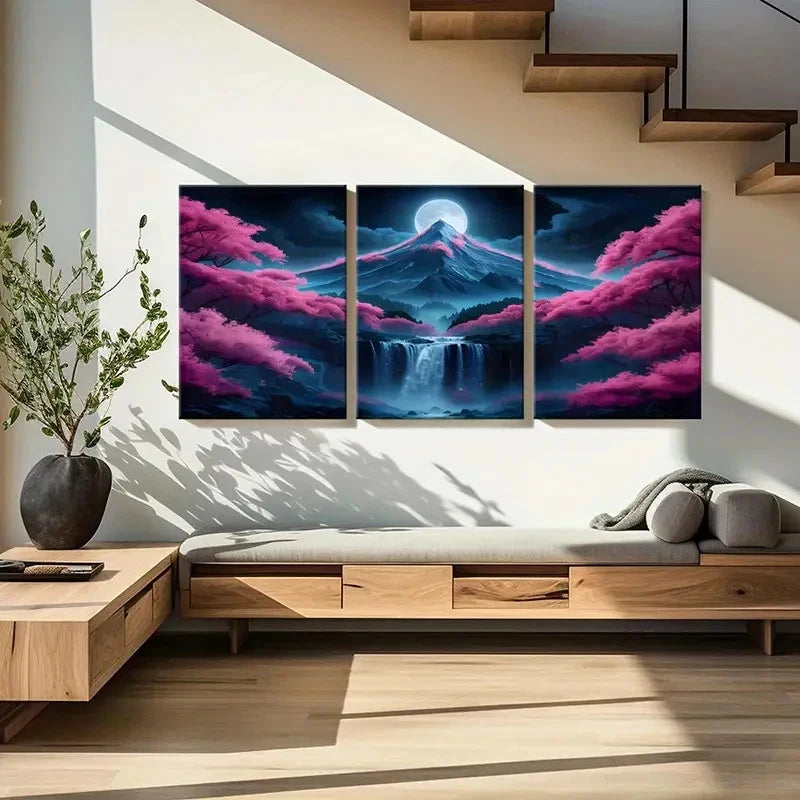 3pcs Sakura Mountain Waterfall Modern Wall Art Set Canvas Framed 60x90cm - High Quality Print 100% Australian Made Wall Canvas Ready to Hang