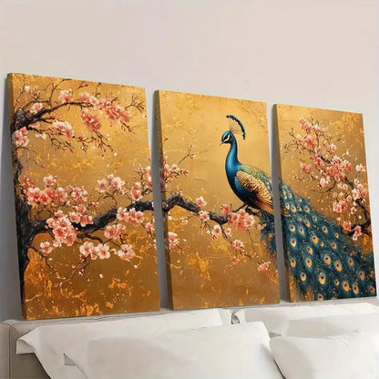 3pcs Blue Peacock Art with Golden Background G   Wall Art Set Canvas Framed 60x90cm - High Quality Print 100% Australian Made Wall Canvas Ready to Hang - Bella Home Decor
