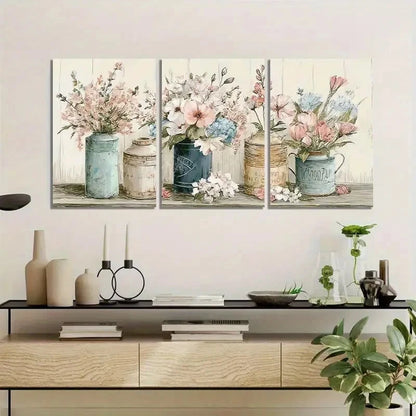 3pcs Watercolor Style Wall Art with Pastel Flowers Metal Print Ready to Hang Art - Bella Home Decor
