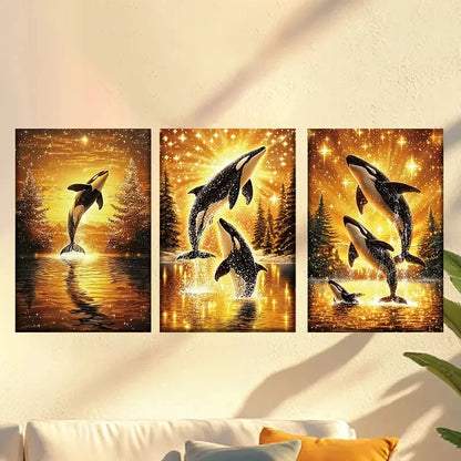 3pcs Whale Family in Golden Sunset Scene Wall Art Set Canvas Framed 50x70cm - High Quality Print 100% Australian Made Wall Canvas Ready to Hang - Bella Home Decor