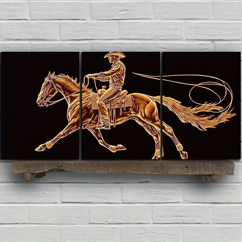 3pcs A Man Riding a Horse Golden Themed Metal Print Ready to Hang Art - Bella Home Decor
