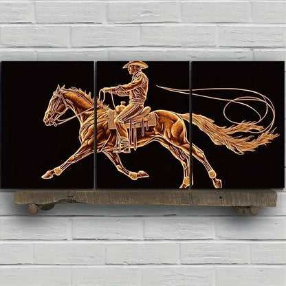 3pcs A Man Riding a Horse Golden Themed Metal Print Ready to Hang Art - Bella Home Decor