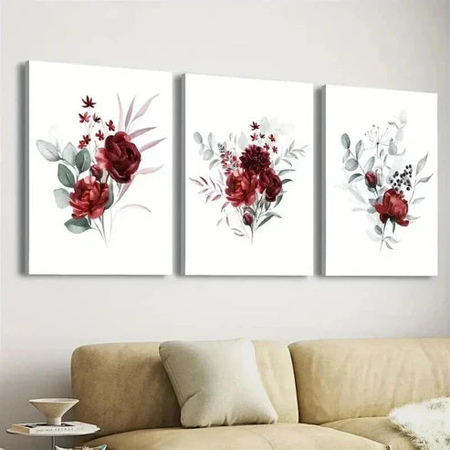 3pcs Vibrant Red Rose Flower & Green Leaves Wall Art Canvas Unframed - High Quality Print 100% Australian Made Wall Canvas
