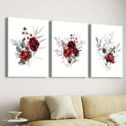 3pcs Vibrant Red Rose Flower & Green Leaves Wall Art Canvas Unframed - High Quality Print 100% Australian Made Wall Canvas