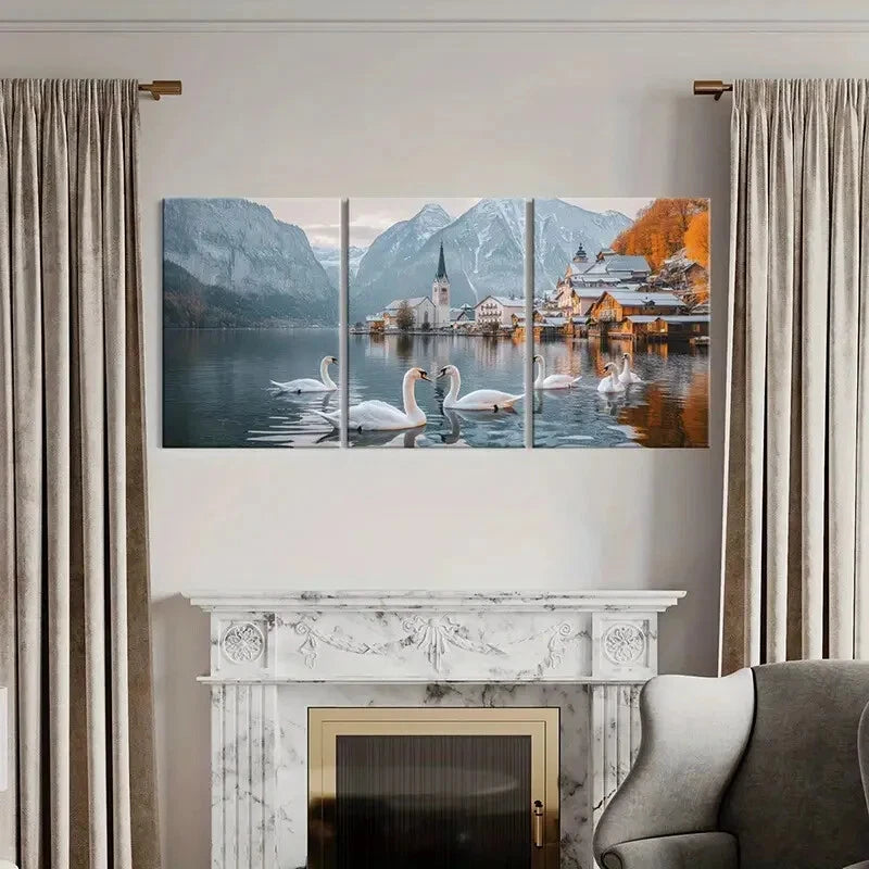 3pcs Swan Alpine Village Snowy Peaks Metal Print Ready to Hang Art - Bella Home Decor