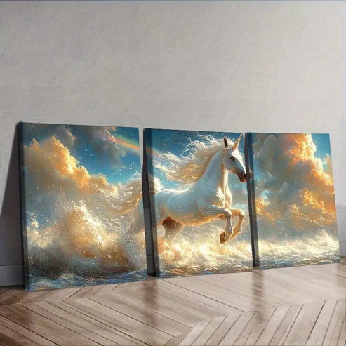 3pcs Rainbow Unicorn Sky Clouds Nature Wall Art Set Canvas Framed 60x90cm - High Quality Print 100% Australian Made Wall Canvas Ready to Hang