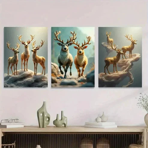 3pcs Deer Forest Elegant Classic Paintings Wall Art Set Canvas Unframed - High Quality Print 100% Australian Made Wall Canvas - Bella Home Decor