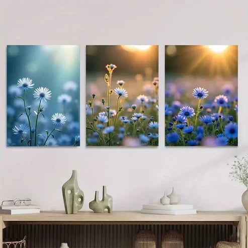 3pcs Blue And White Floral Daisies Snapdragons Wall Art Set Canvas Unframed - High Quality Print 100% Australian Made Wall Canvas - Bella Home Decor