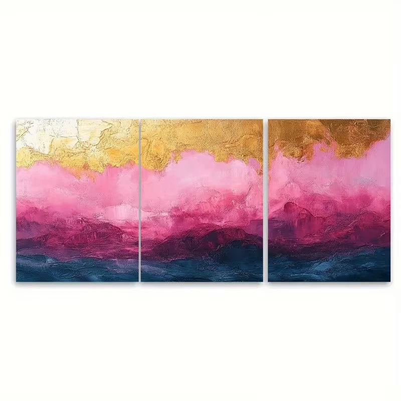 3pcs Elegant Blush Pink and Golden Abstract Metal Print Ready to Hang Art - Bella Home Decor