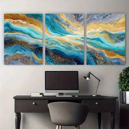 3pcs Blue Golden Ocean Abstract Painting Wall Art Set Canvas Framed 60x90cm - High Quality Print 100% Australian Made Wall Canvas Ready to Hang - Bella Home Decor