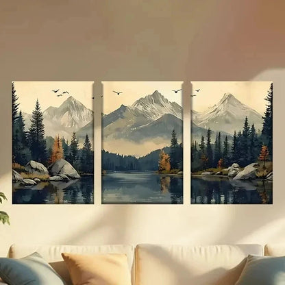 3pcs Serene Mountain & Lake Scene with Birds Wall Art Set Canvas Framed 50x70cm - High Quality Print 100% Australian Made Wall Canvas Ready to Hang