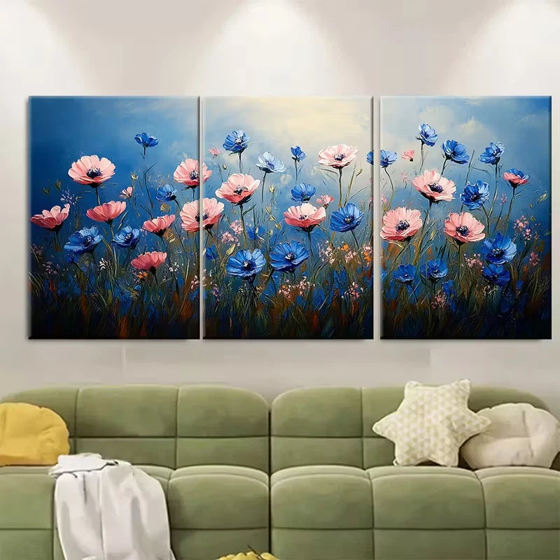 3pcs Serene Blue and Pink Wildflower Meadow Oceans Metal Print Ready to Hang Art