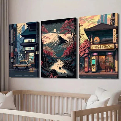 3pcs Japanese Night Shop & Retro Cherry Blossom Wall Art Set Canvas Unframed - High Quality Print 100% Australian Made Wall Canvas