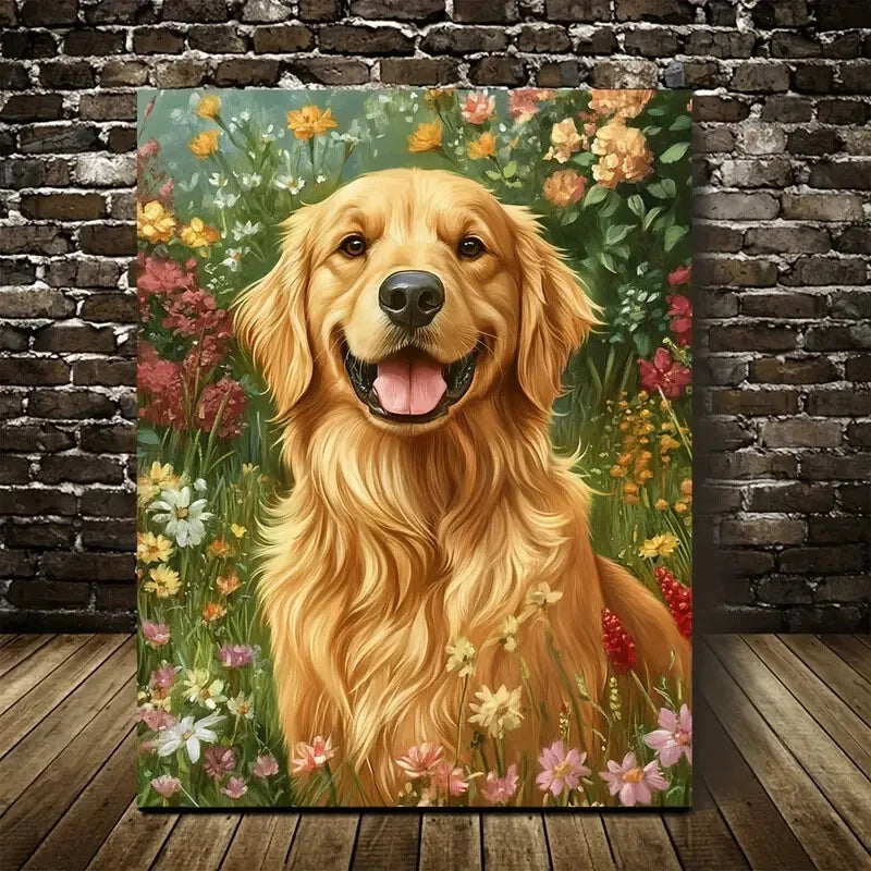 Beautiful Golden Retriever Dog Vibrant Painting 40x60cm Metal Print Ready to Hang - Bella Home Decor