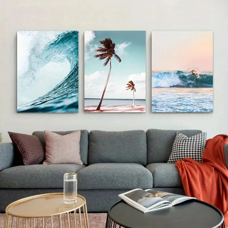 3pcs Surfing Speed Waves & Coconut Palm Tree Metal Print Ready to Hang Art