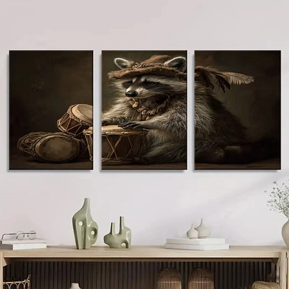 3pcs Whimsical Raccoon Playing Bongos Wall Art Set Canvas Framed 60x90cm - High Quality Print 100% Australian Made Wall Canvas Ready to Hang