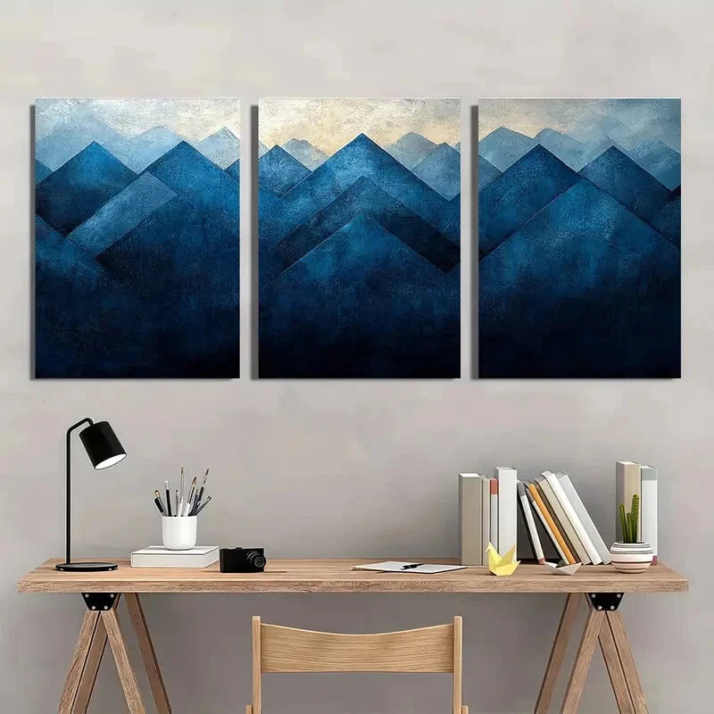 3pcs Abstract Blue & Black Geometric Design Metal Print Ready to Hang Art - Bella Home Decor