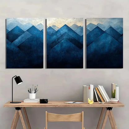 3pcs Abstract Blue & Black Geometric Design Metal Print Ready to Hang Art - Bella Home Decor