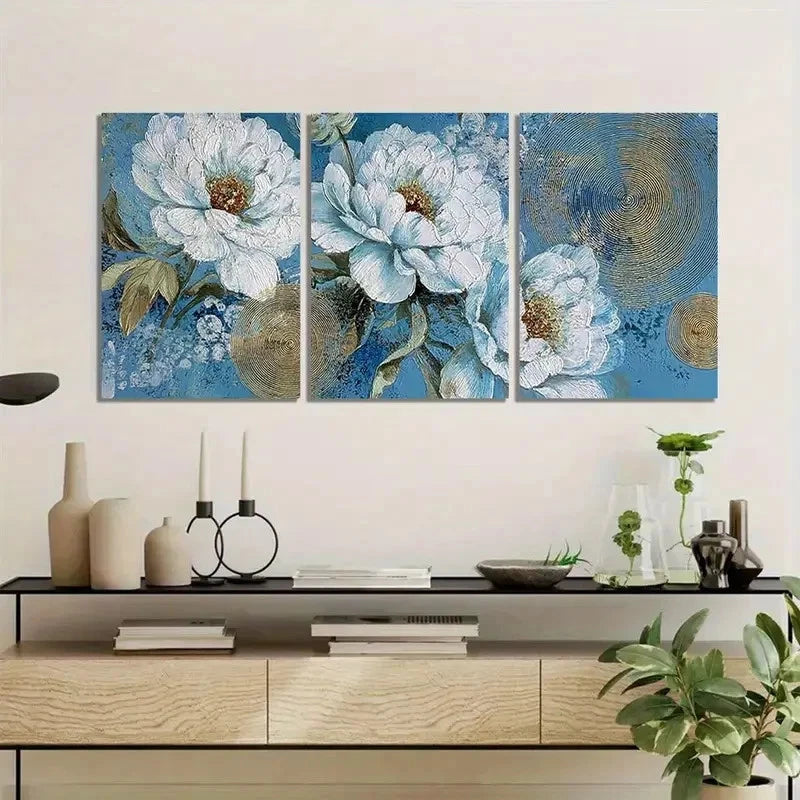 3pcs Golden and Blue Floral Design Metal Print Ready to Hang Art - Bella Home Decor