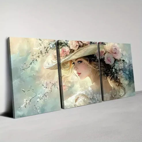 3pcs Beautiful Fashion Lady with Floral Hat Wall Art Canvas Unframed - High Quality Print 100% Australian Made Wall Canvas - Bella Home Decor