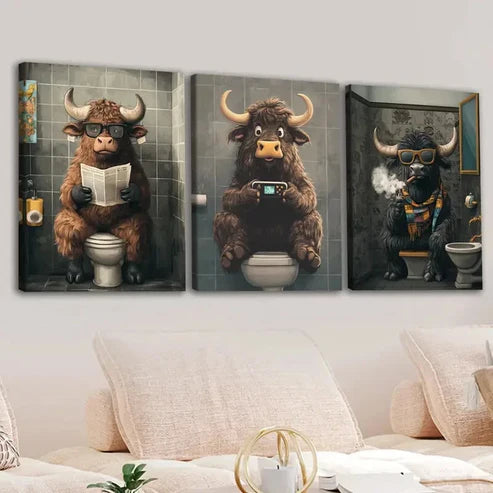 3pcs Highland Cows Smoke Game Grey Blue Golden Wall Art Set Canvas Unframed - High Quality Print 100% Australian Made Wall Canvas
