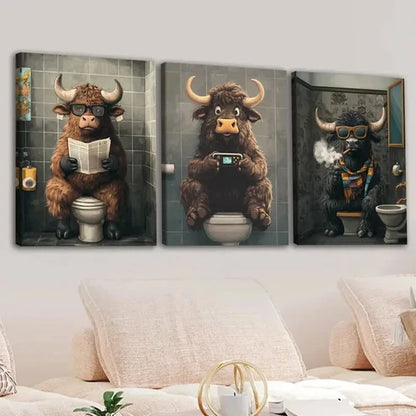 3pcs Highland Cows Smoke Game Grey Blue Golden Wall Art Set Canvas Unframed - High Quality Print 100% Australian Made Wall Canvas