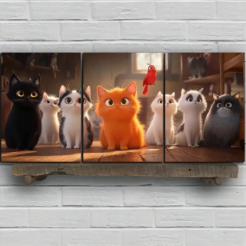 3pcs Black And White Cat And Orange Metal Print Ready to Hang Art - Bella Home Decor