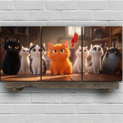 3pcs Black And White Cat And Orange Metal Print Ready to Hang Art - Bella Home Decor