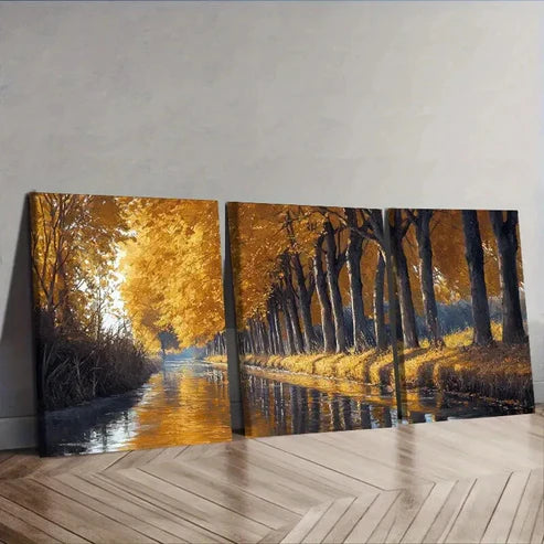 3pcs Golden Autumn River Trees Wall Art Set Canvas Unframed - High Quality Print 100% Australian Made Wall Canvas - Bella Home Decor