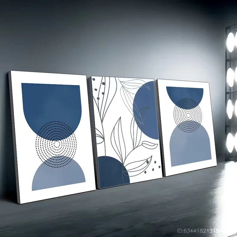 3pcs Navy Blue Abstract Geometric Wall Art Set Canvas Framed 60x90cm - High Quality Print 100% Australian Made Wall Canvas Ready to Hang