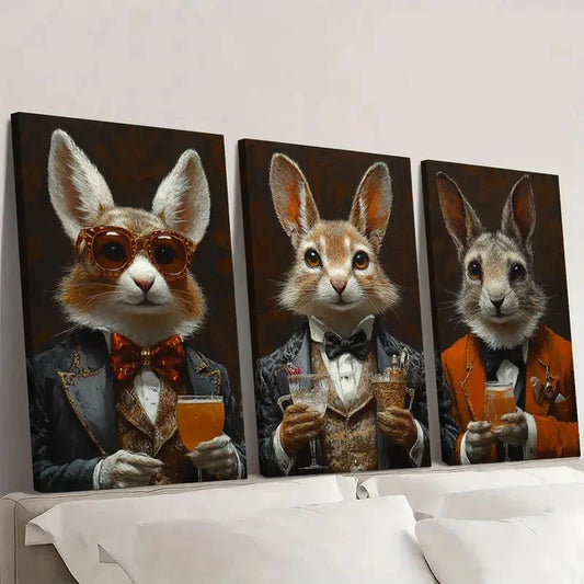 3 PCS Dapper Rabbit Whimsical Animal Set Wall Art Set Canvas Framed 60x90cm - High Quality Print 100% Australian Made Wall Canvas Ready to Hang
