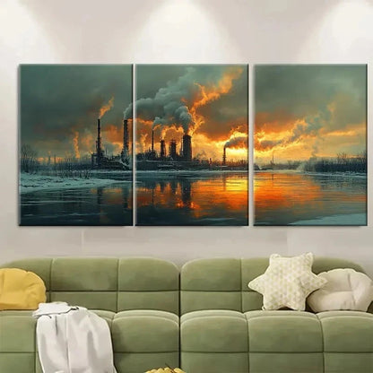 3pcs Vibrant Cityscape & Industrial Smoke E  Wall Art Set Canvas Framed 40x60cm - High Quality Print 100% Australian Made Wall Canvas Ready to Hang