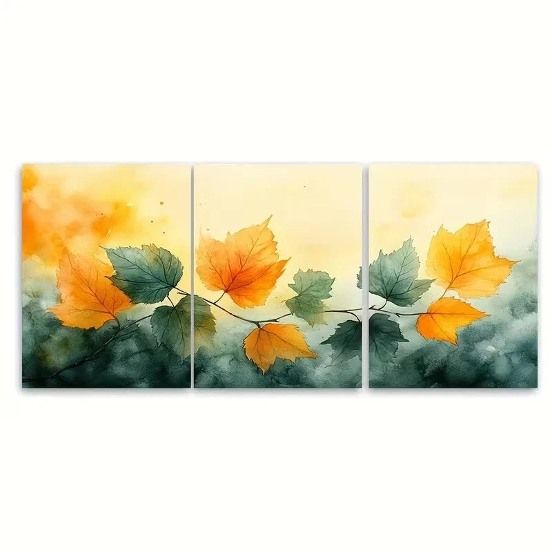 3pcs Watercolour Leaves Autumn Green Yellow Wall Art Set Canvas Framed 50x70cm - High Quality Print 100% Australian Made Wall Canvas Ready to Hang